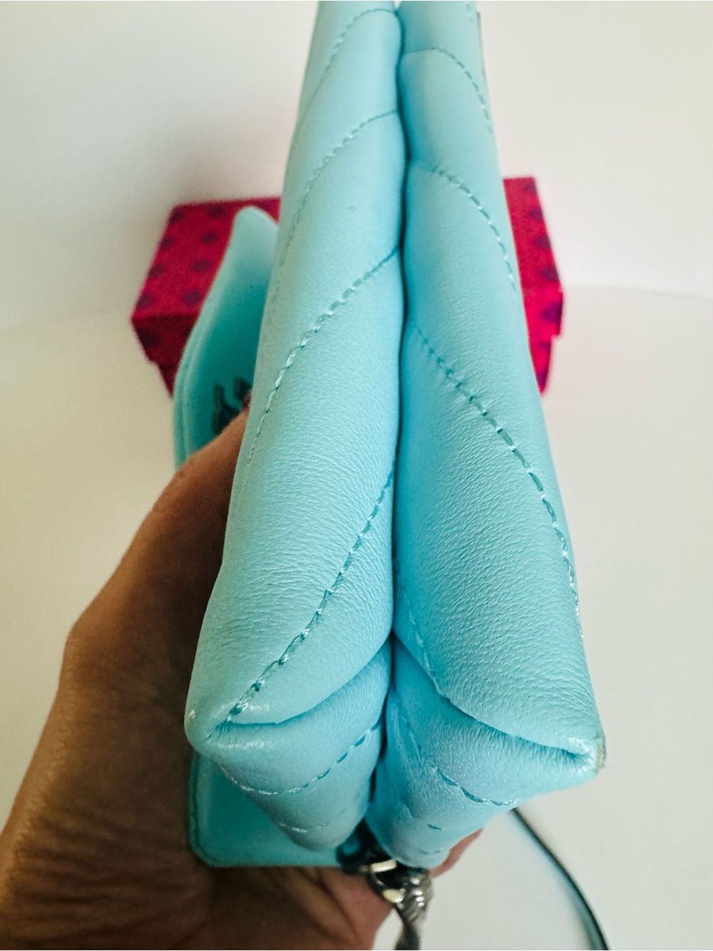 Tory Burch Kira Chevron Leather WOC Chain Wallet WOC Celeste Turquoise Aqua Blue - Picture 8 of 10